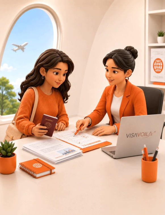 Visa adviser helping a traveller prepare an application