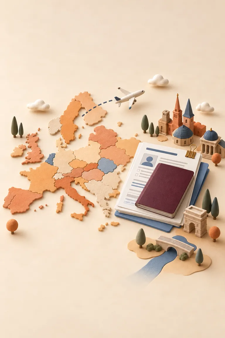 Passport, visa documents and a map of Europe prepared for a visa application